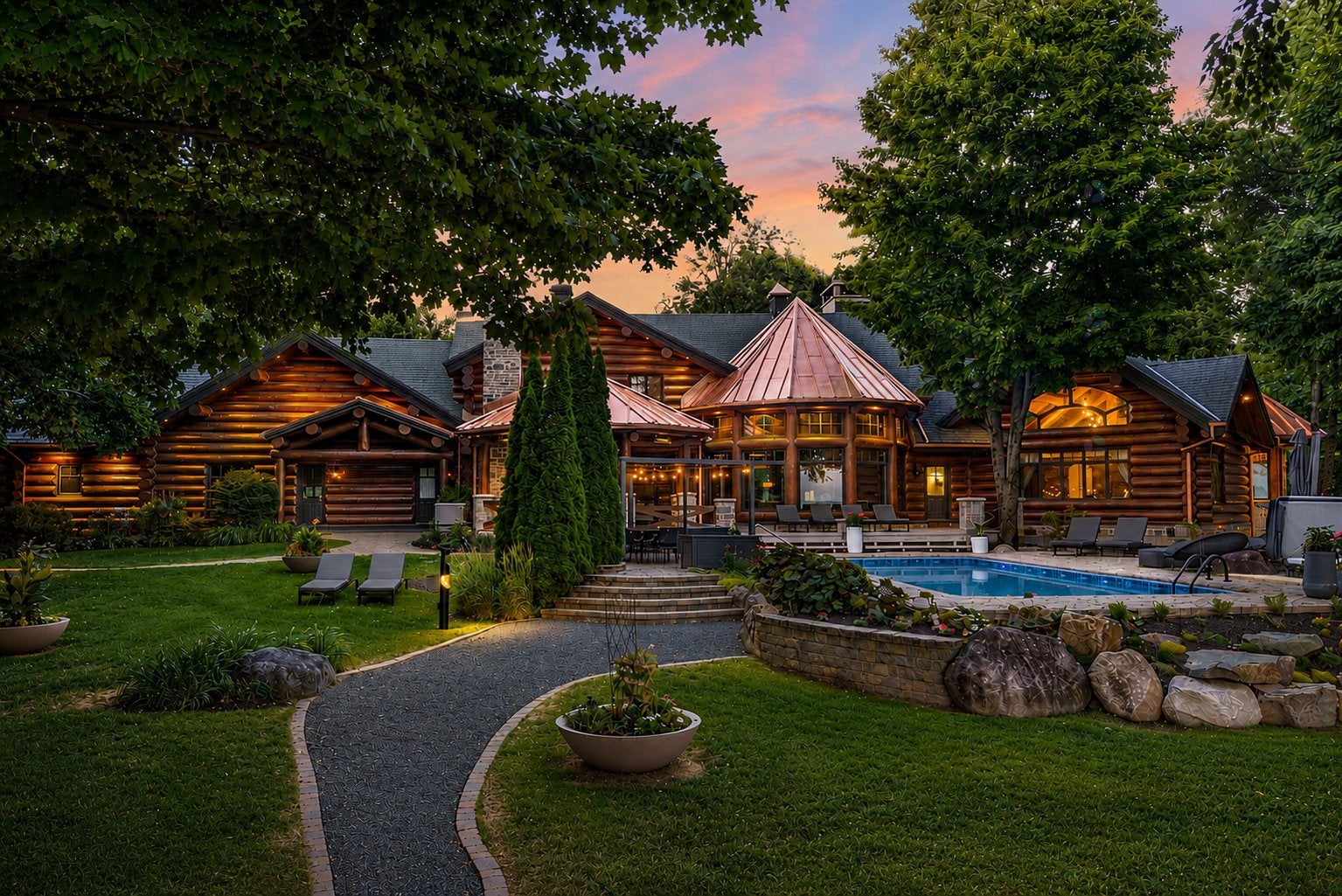 A luxury log cabin home at sunset with a swimming pool, stone patio, lush green lawn, and a gravel path. [AI-generated text]