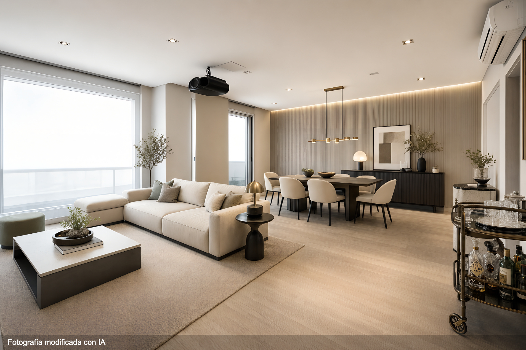 Modern open-plan living and dining room with beige sofa, coffee table, and dining set against a textured accent wall.