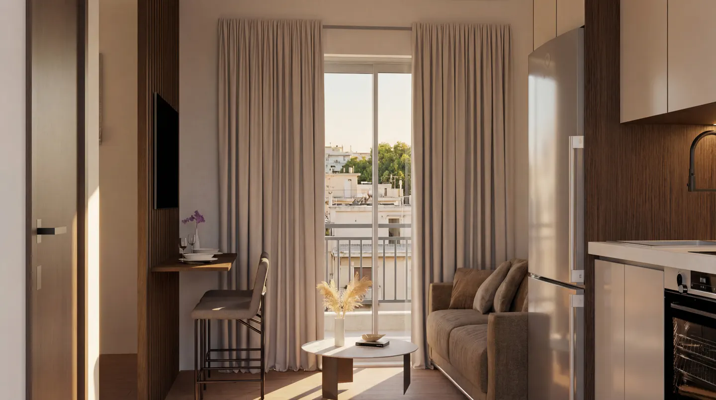 A modern apartment interior with a brown sofa, a round coffee table, and a view of the city through a window with beige curtains.
