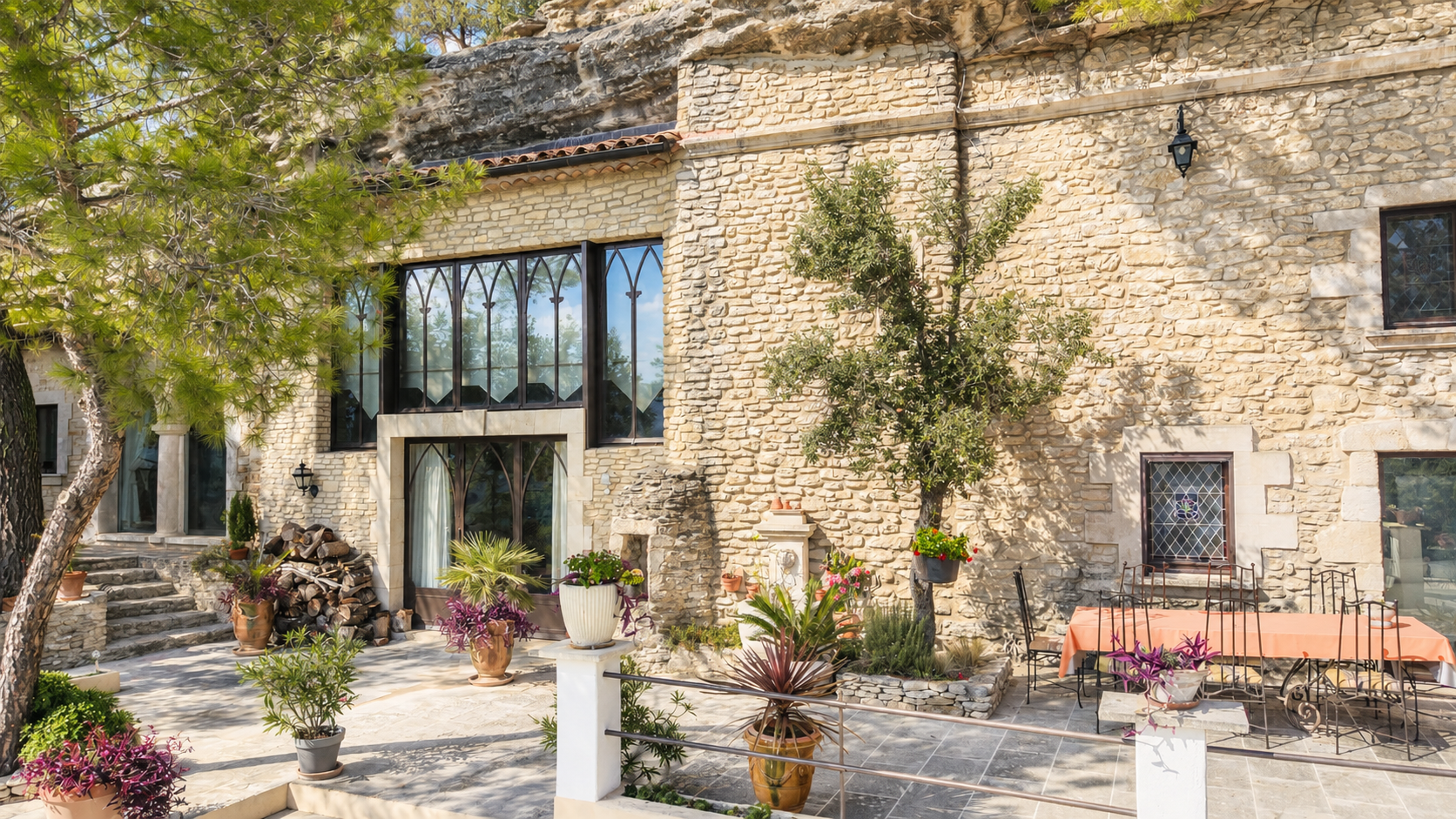 Stone house built into a cliffside with a patio, potted plants, a wood pile, and an outdoor dining table with orange cloth. [AI-generated text]