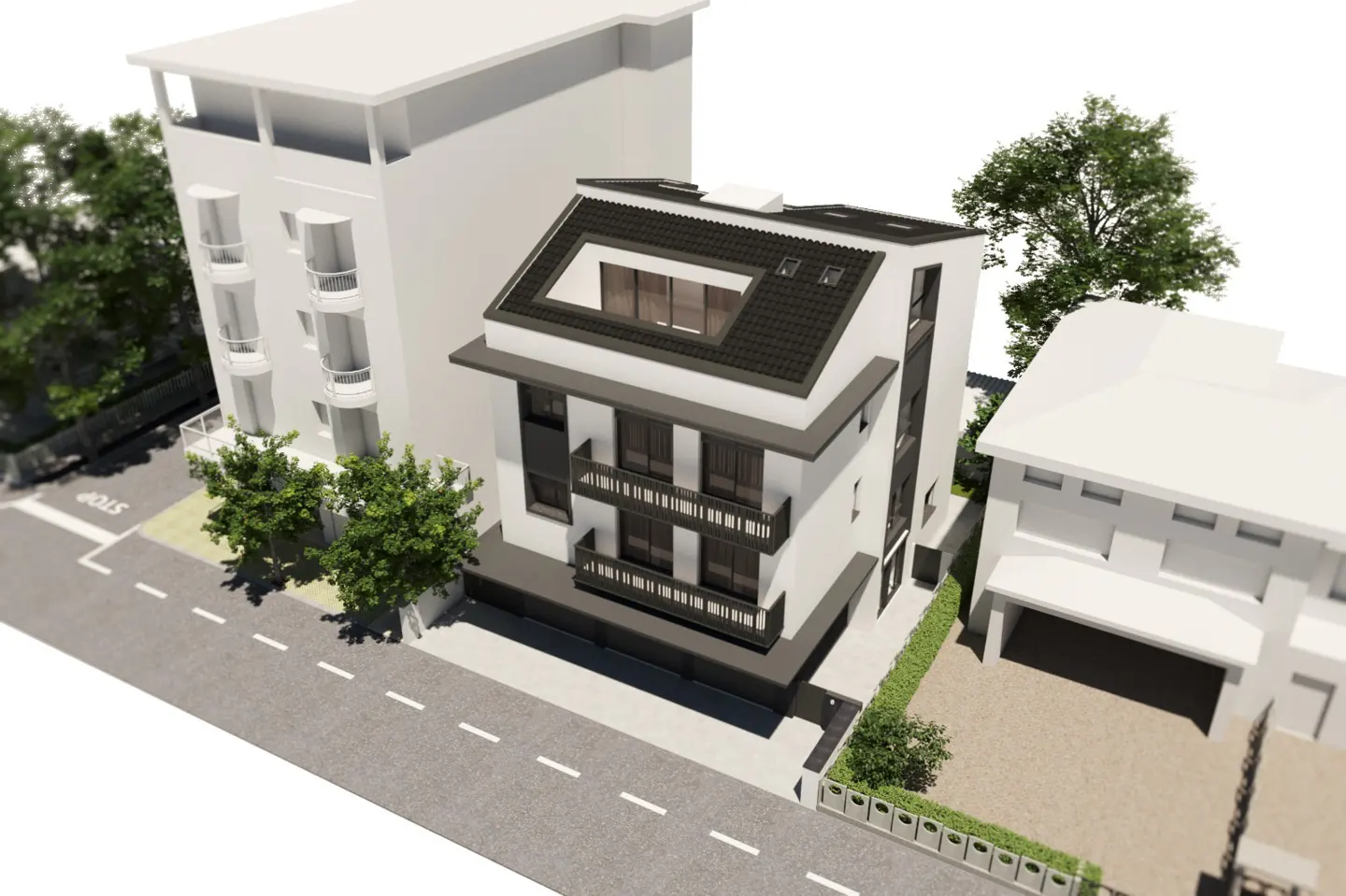 Architectural rendering of a modern, white, three-story house with black trim and a central courtyard roof. Trees and other buildings surround it.