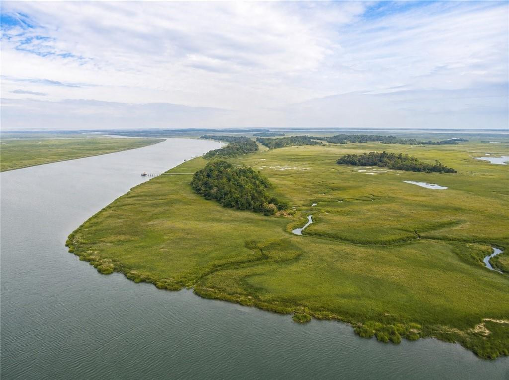 Aerial view of a green marshland meeting a wide river under a cloudy sky.