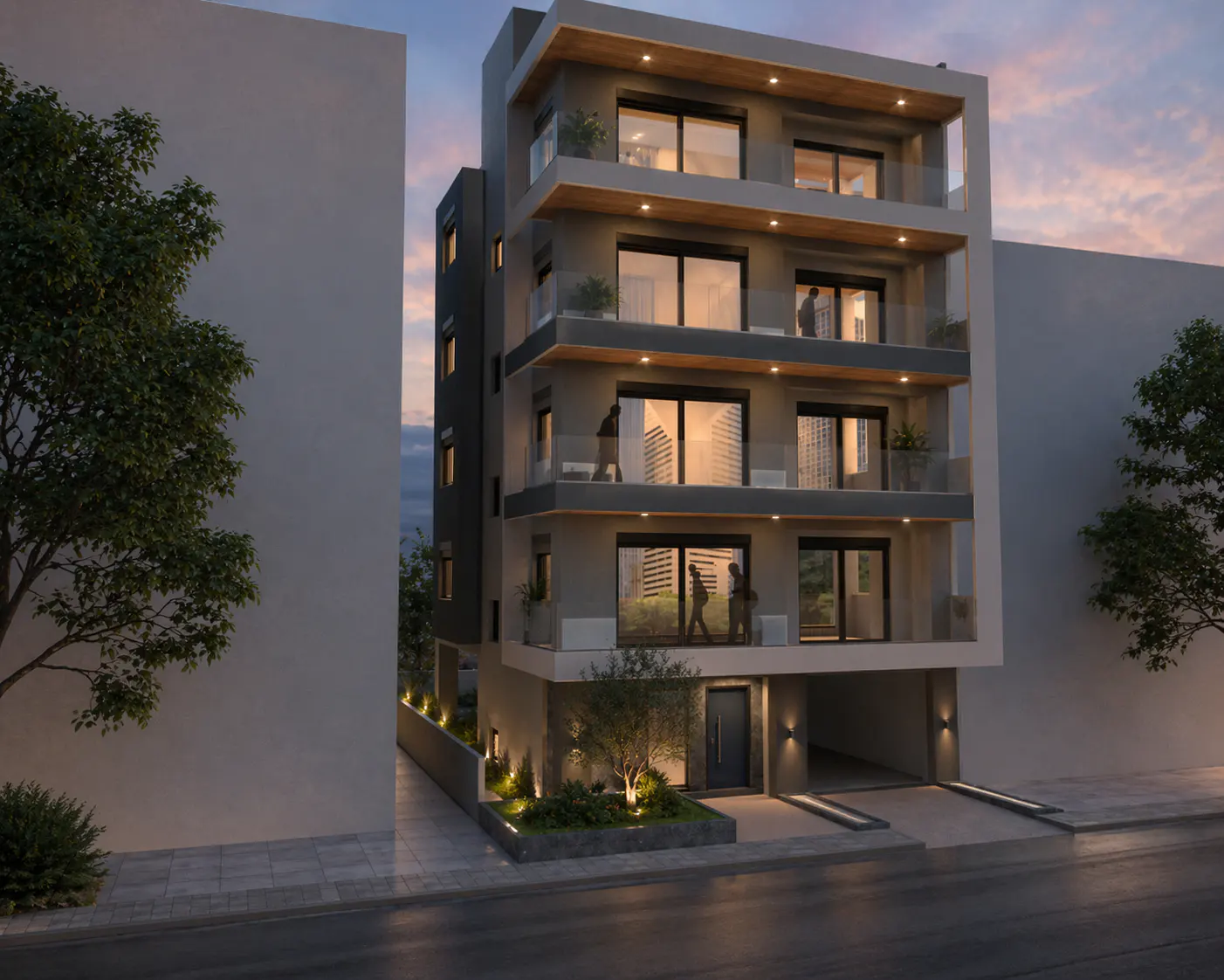 Modern four-story apartment building with balconies and large windows at dusk. Trees and street visible.