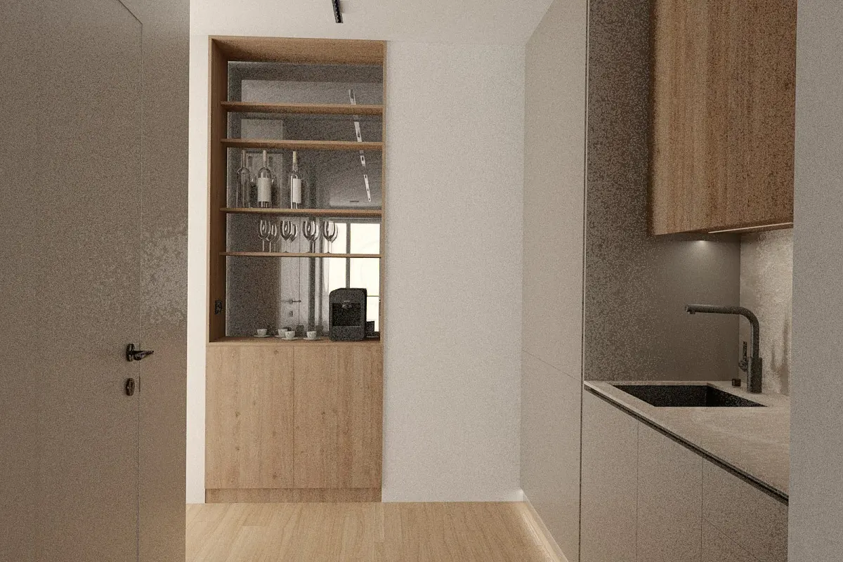 A modern kitchen features light wood cabinets, glass shelves with wine glasses, and a coffee maker. A sink and faucet are visible.