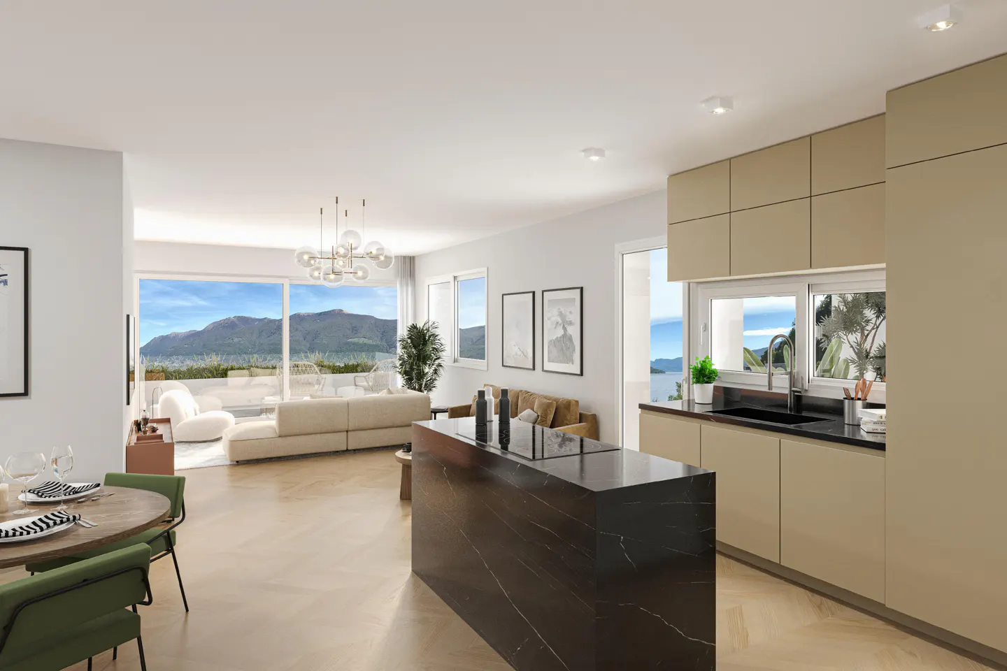 Modern open-plan kitchen and living area with a black marble island, beige cabinets, and a scenic mountain view.