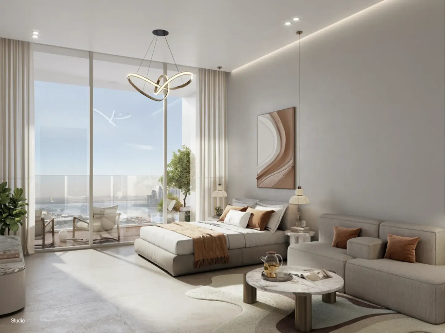 A modern studio apartment with a bed, sofa, and balcony overlooking a city skyline. Neutral colors and natural light create a serene atmosphere.