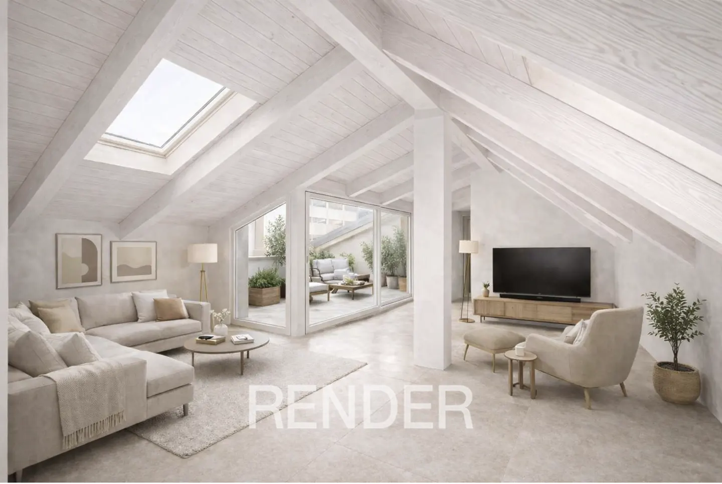 Bright, modern living room with white vaulted ceilings, skylight, and a large glass door to a patio. Beige sectional sofa and armchair.