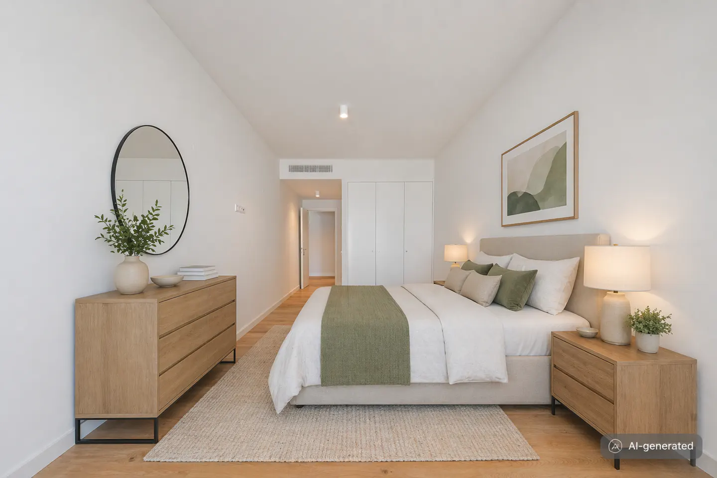 Bright bedroom with white walls, wood floors, and a beige rug. A bed with green accents sits between matching nightstands. A dresser with a round mirror is on the left.