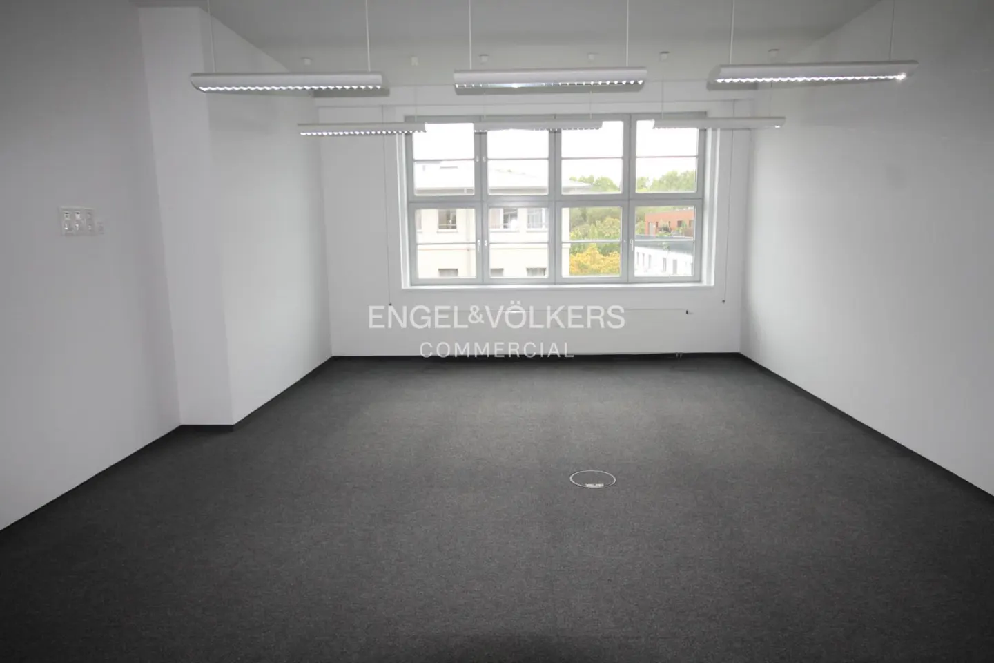 Bright, empty office space with gray carpet, white walls, and large window. Overhead fluorescent lighting. Engel & Völkers logo visible.