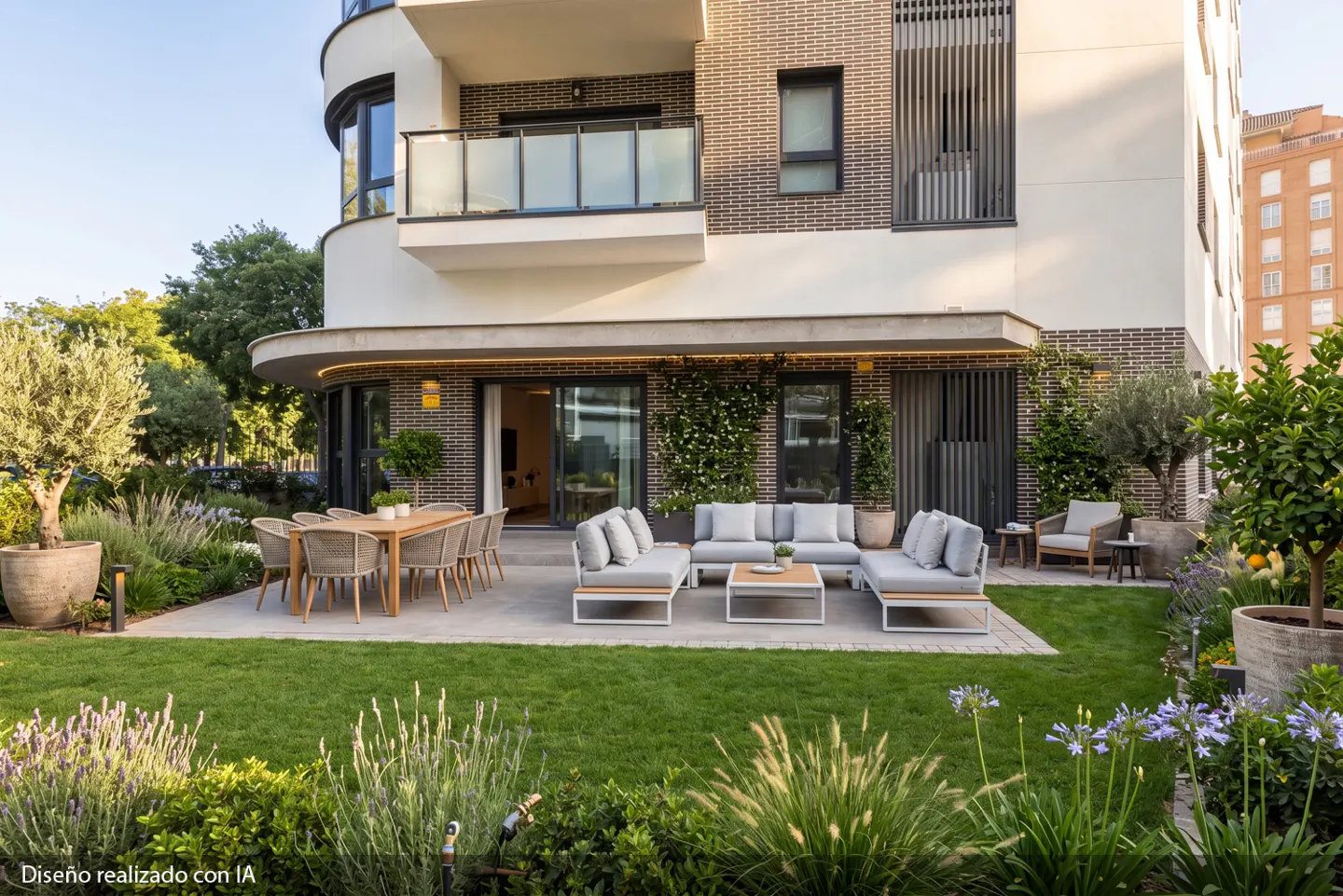 Outdoor patio with dining table, gray sofa set, and green lawn in front of a modern brick building.
