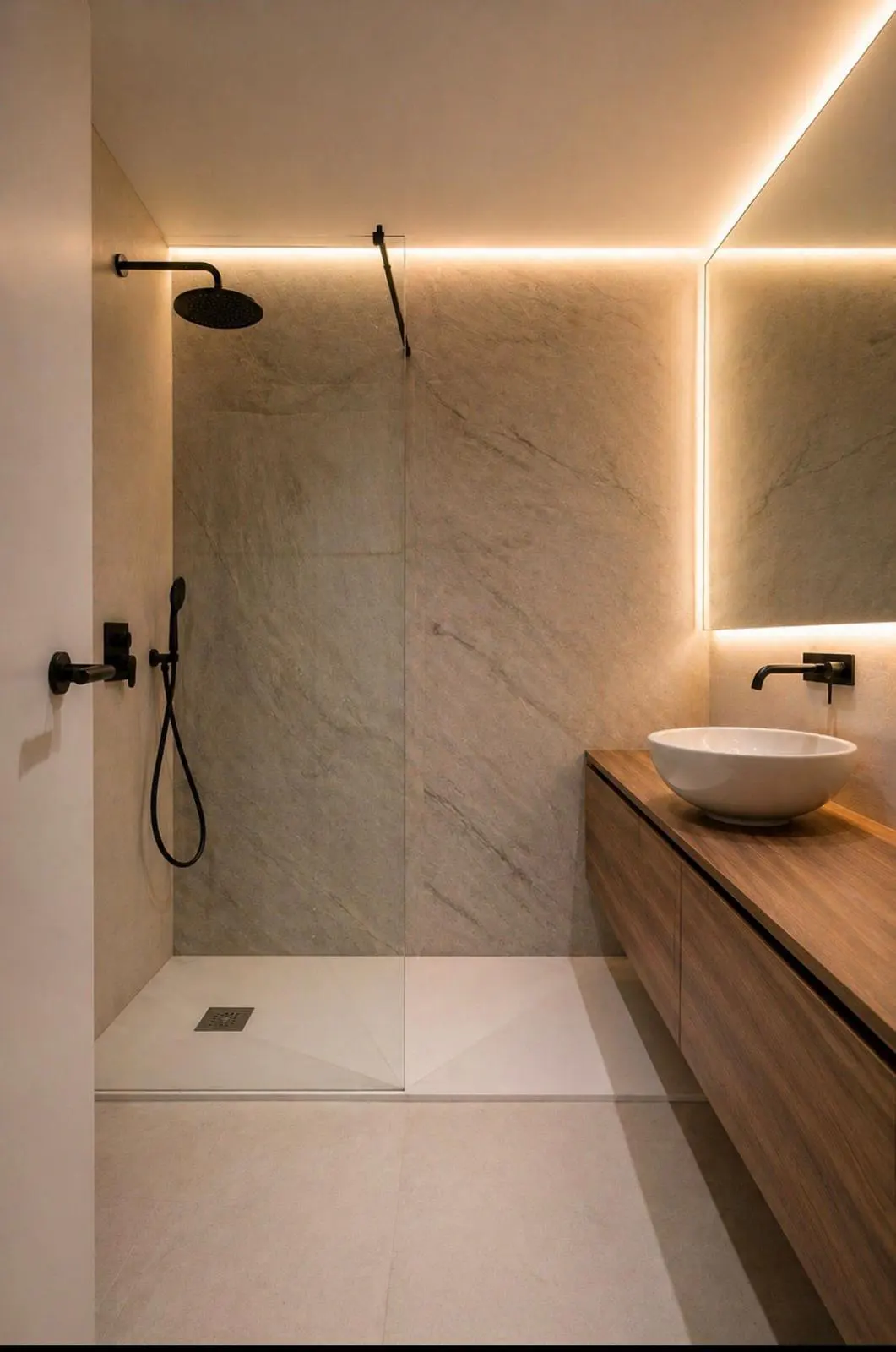 Modern bathroom with a walk-in shower, marble-look walls, floating wood vanity, vessel sink, and warm LED accent lighting.