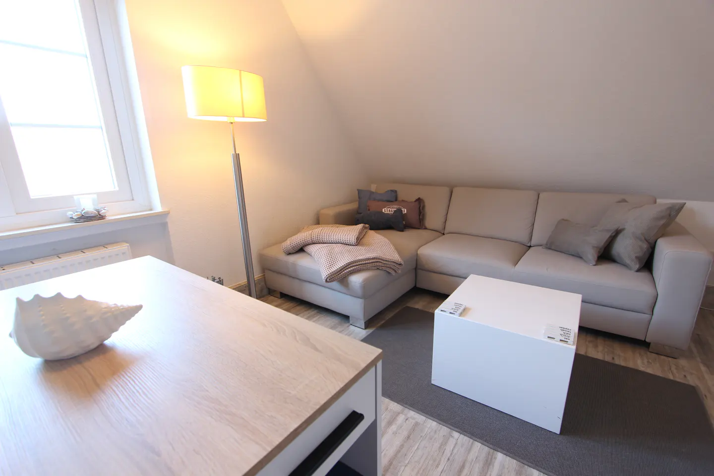 Living room with beige sectional sofa, white cube table, and wood-look table with a large seashell. A floor lamp illuminates the room.