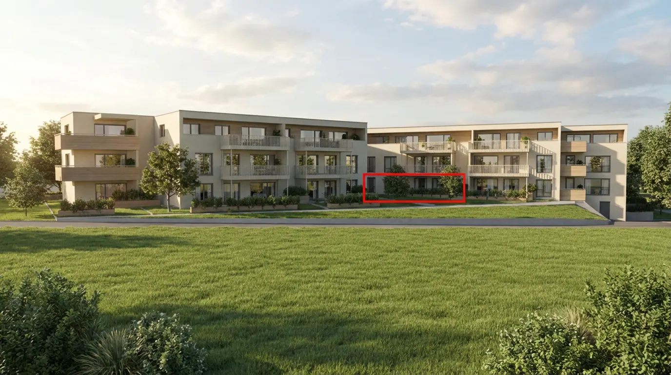 Modern apartment building with balconies, set against a green lawn. A red rectangle highlights a section of the building.