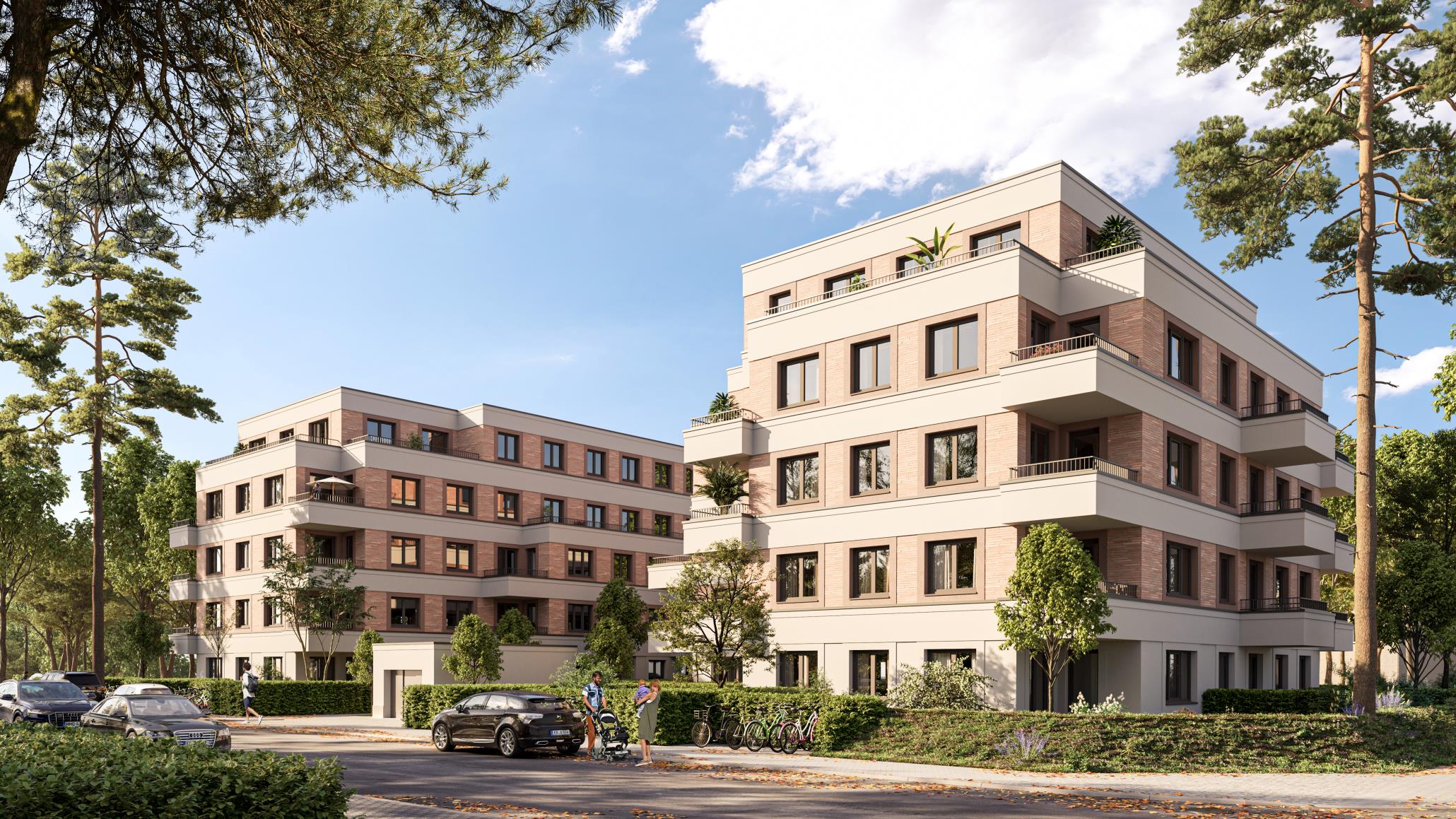 Modern multi-story apartment buildings with brick and white facades, surrounded by trees, parked cars, and a family.
