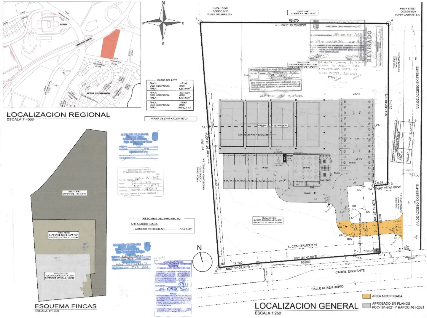 Blueprint of a property with regional and general location maps, showing modified areas in orange. Includes a compass rose and scale information.