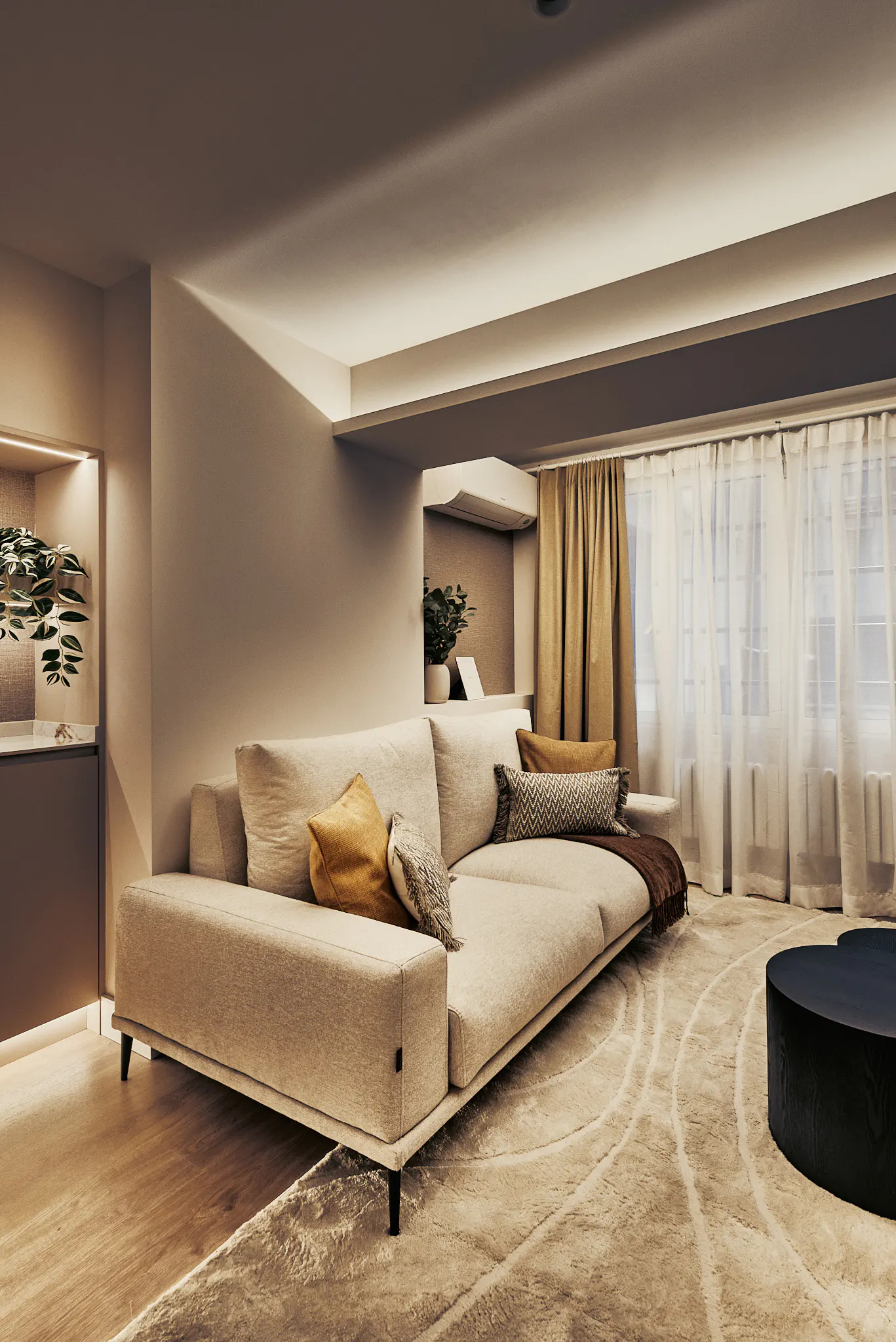Living room with a beige sofa, decorative pillows, and a patterned rug. Sheer curtains filter light from the window.