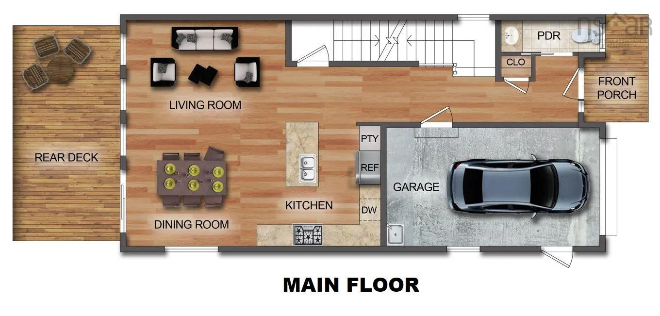 Floor plan of a house's main floor, including a living room, dining room, kitchen, garage with car, and rear deck.