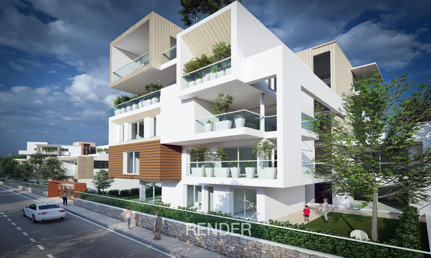 Modern white apartment building with wood accents, glass balconies, potted plants, and people walking on a sunny street.