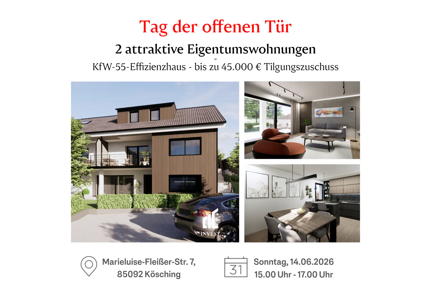 Real estate open house flyer for two apartments in Kösching, showing the building exterior, living room, and dining area.