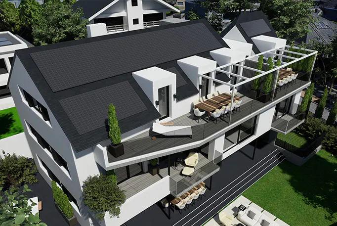 Aerial view of a modern, white three-story house with solar panels on the roof and outdoor seating on the balconies.