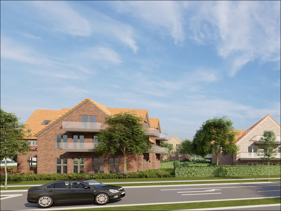 Brick apartment buildings with orange roofs, green trees, and a black car on a street under a blue sky.