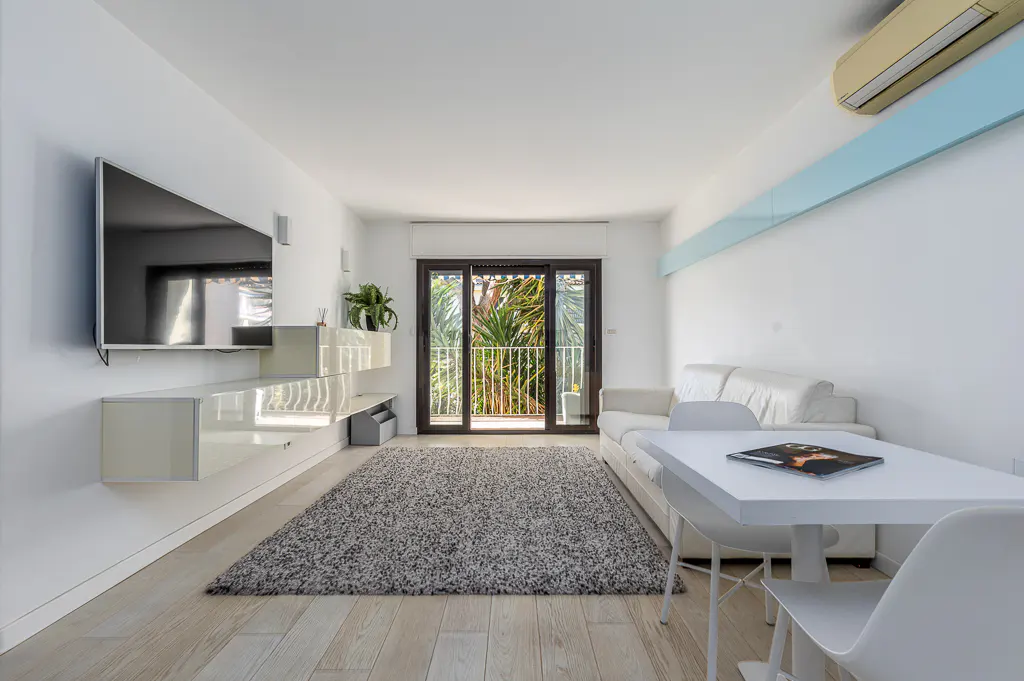 Bright living room with white walls, light wood floors, and a gray rug. A TV, sofa, table, and balcony are also visible.