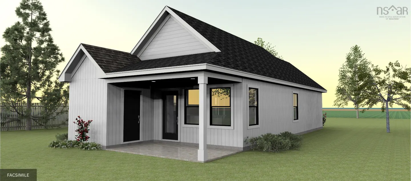 A rendering of a small, white, modern farmhouse with a black roof and black trim on a green lawn.