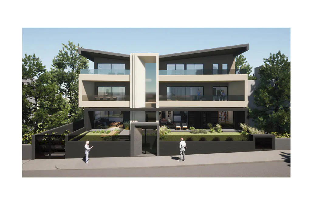 Modern two-story townhouse with a flat roof, glass balconies, and a central light well. Two people stand on the sidewalk in front.