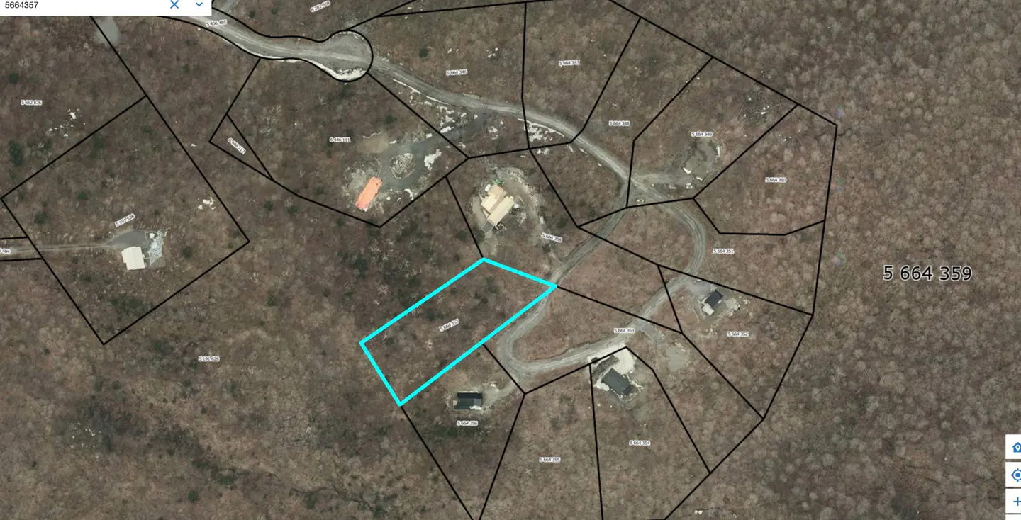 Aerial view of a vacant lot outlined in blue, surrounded by other lots and roads in a wooded area.