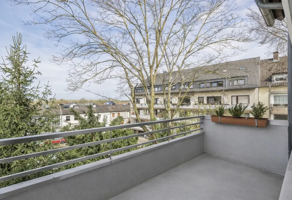 View from a gray balcony with metal railings, overlooking trees and buildings under a cloudy sky. A brown planter box is on the right.