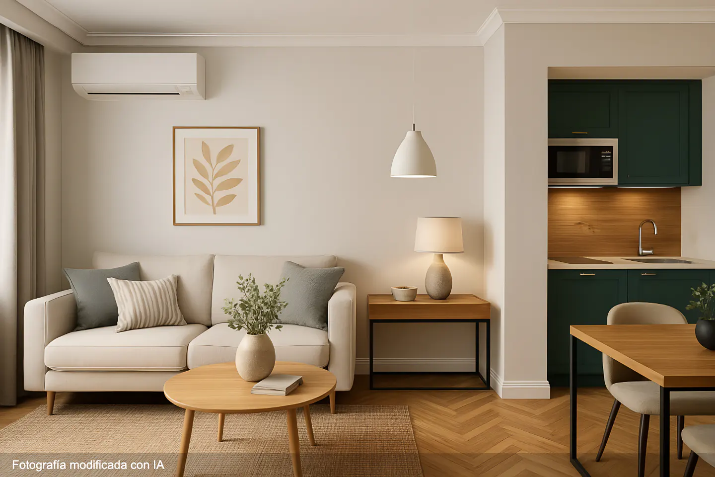 Living room with a cream sofa, round wood table, and green kitchen cabinets in the background.