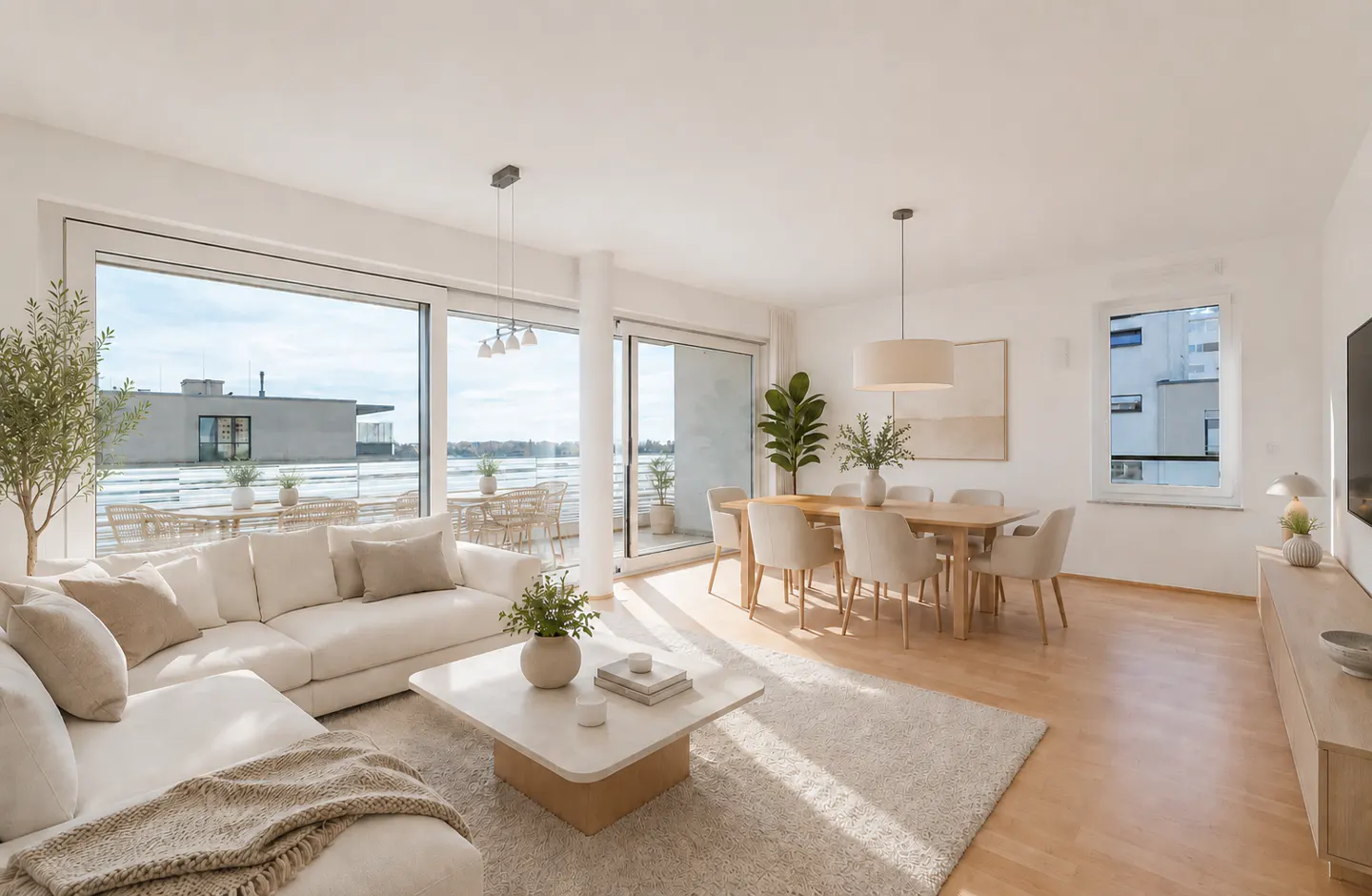 Bright, open-plan living space with a white sofa, dining table, and large windows leading to a balcony with outdoor seating.
