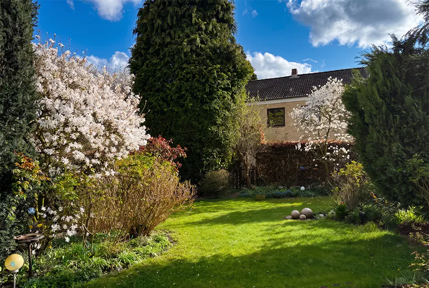 A lush green lawn with trees and flowering bushes leads to a house under a blue, cloudy sky.