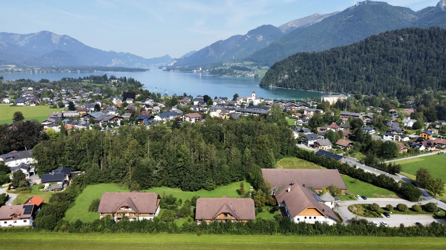 Scenic view of a village nestled by a lake and mountains. Houses with brown roofs are surrounded by green trees and grass.