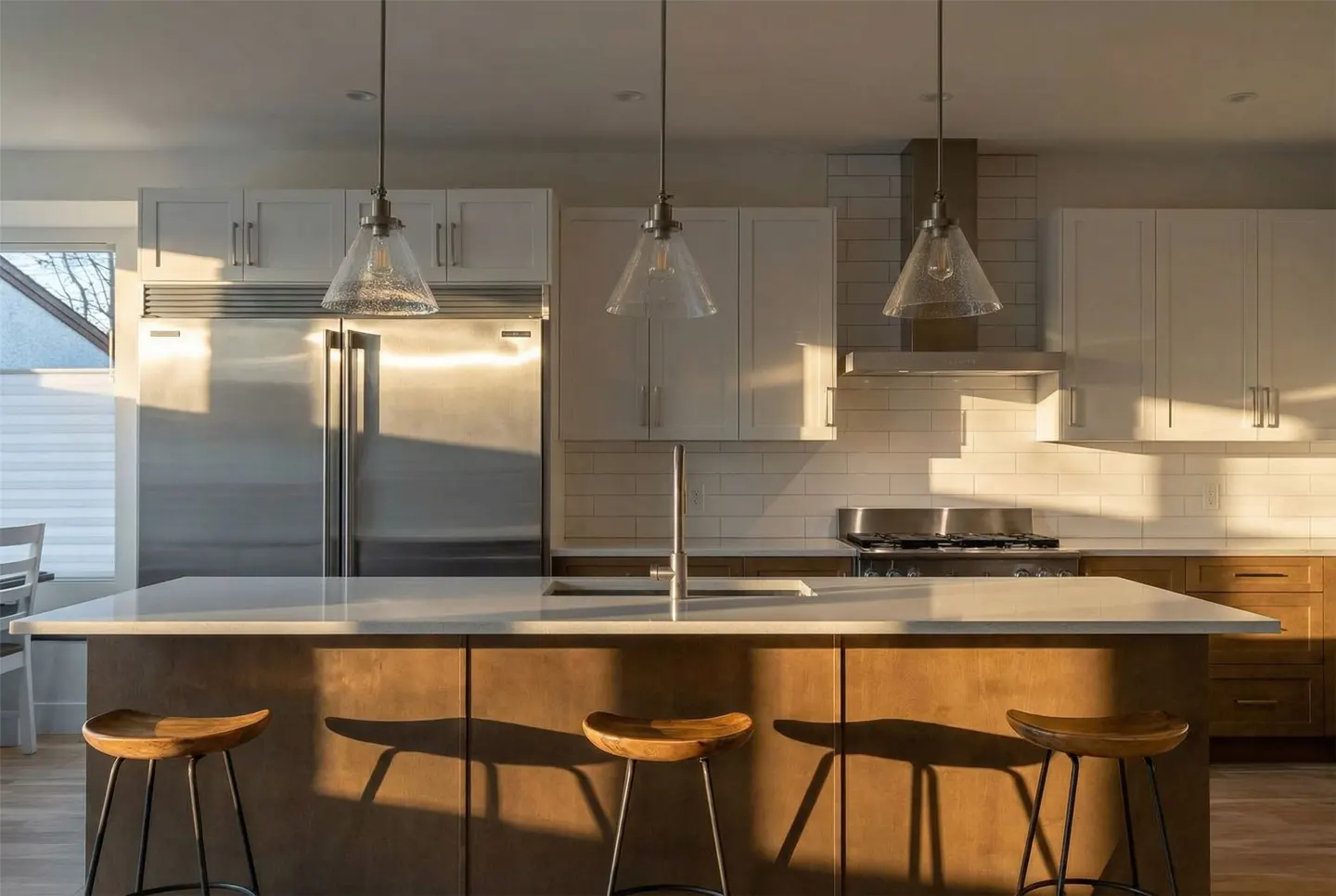 Sunlit kitchen with white cabinets, stainless steel appliances, and a brown island with three wooden stools. Three glass pendant lights hang above the island.