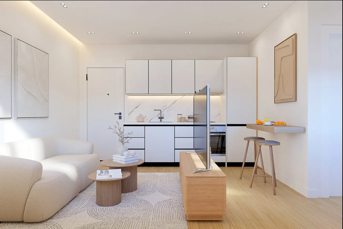 Bright, modern apartment interior with white walls, a beige sofa, and a white kitchen with marble backsplash. A wooden TV stand and stools add warmth.