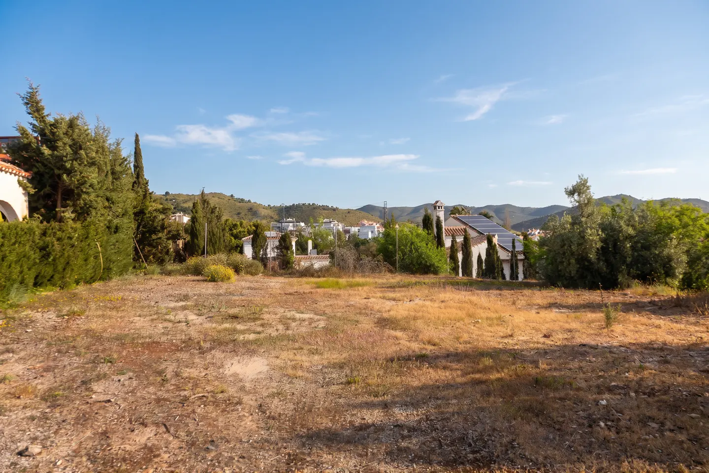 Vacant lot with dry grass, trees, and houses in the background under a clear blue sky.
