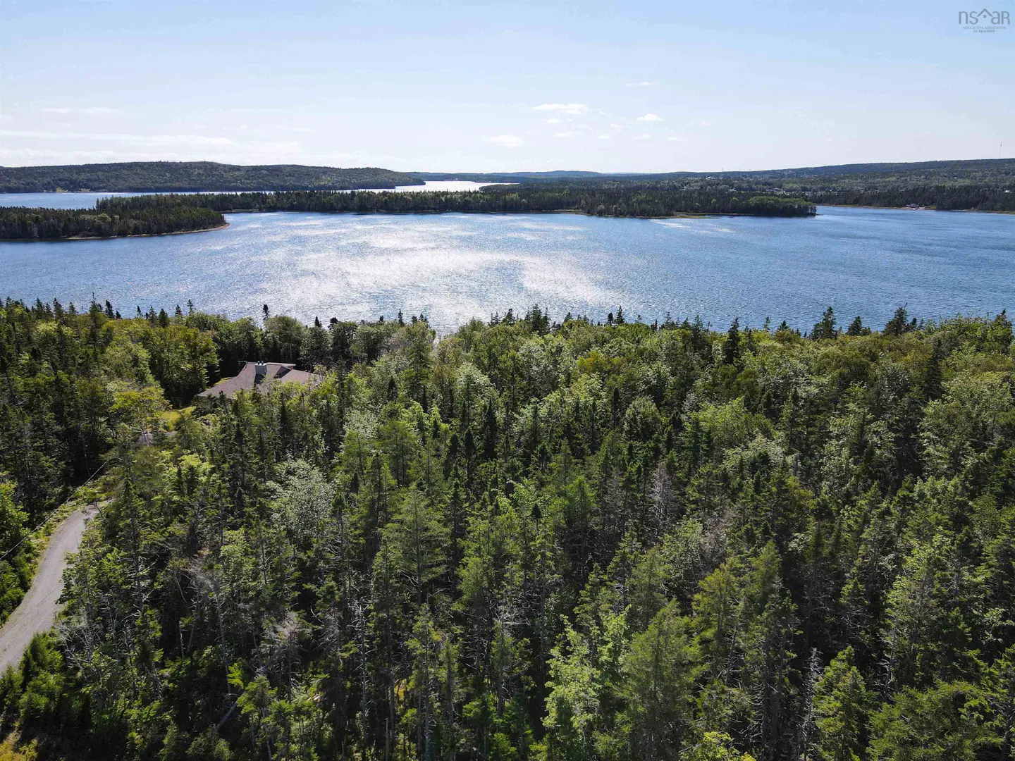 Aerial view of a wooded property with a house, overlooking a blue lake under a clear sky.