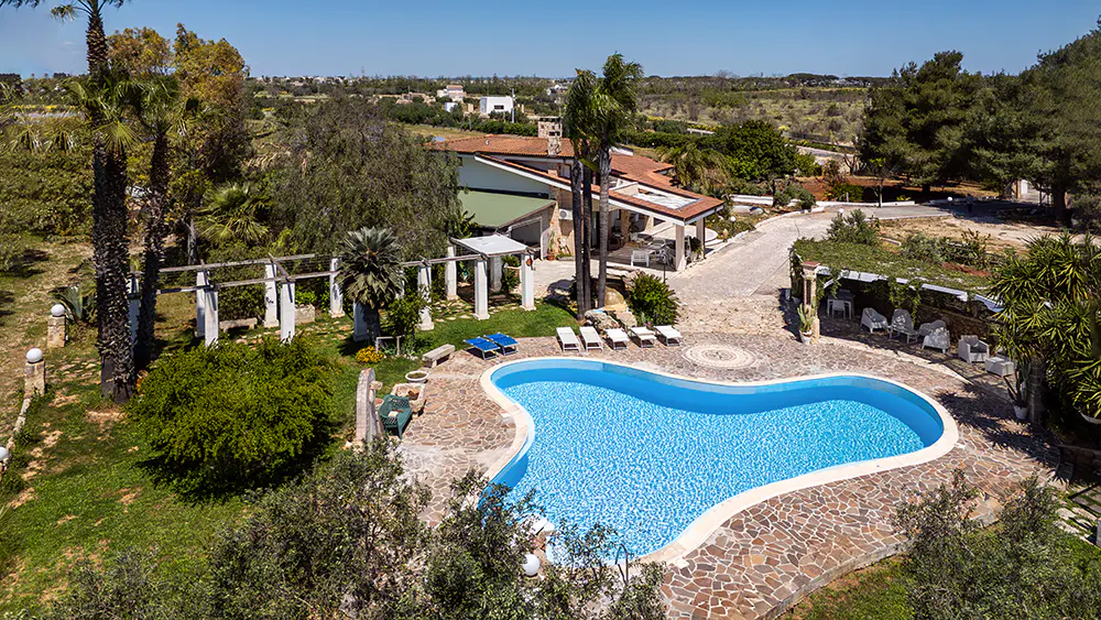 Aerial view of a luxury home with a blue kidney-shaped pool, stone patio, lounge chairs, and lush green landscaping on a sunny day.