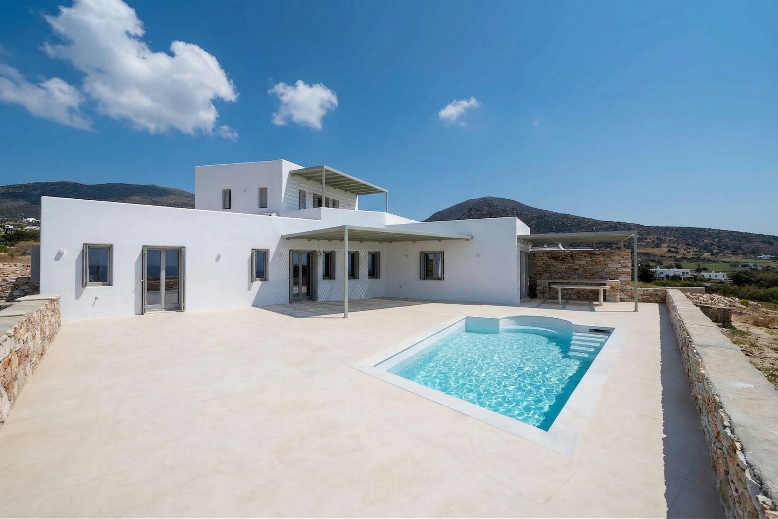 Newly built contemporary villa with pool & sea views in Aspro Chorio, Paros