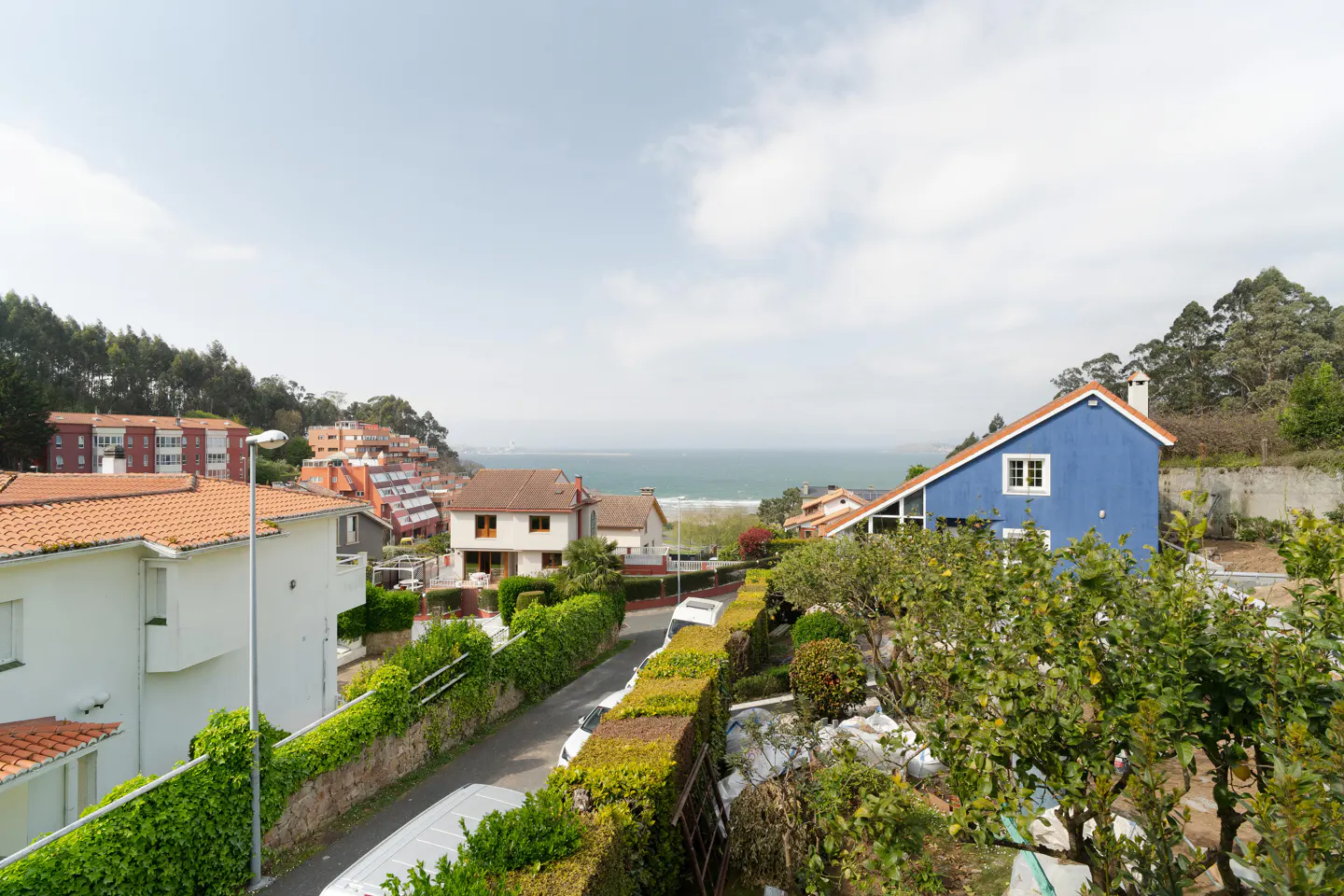 View of a coastal neighborhood with houses, trees, and a glimpse of the ocean in the background. A blue house stands out on the right.