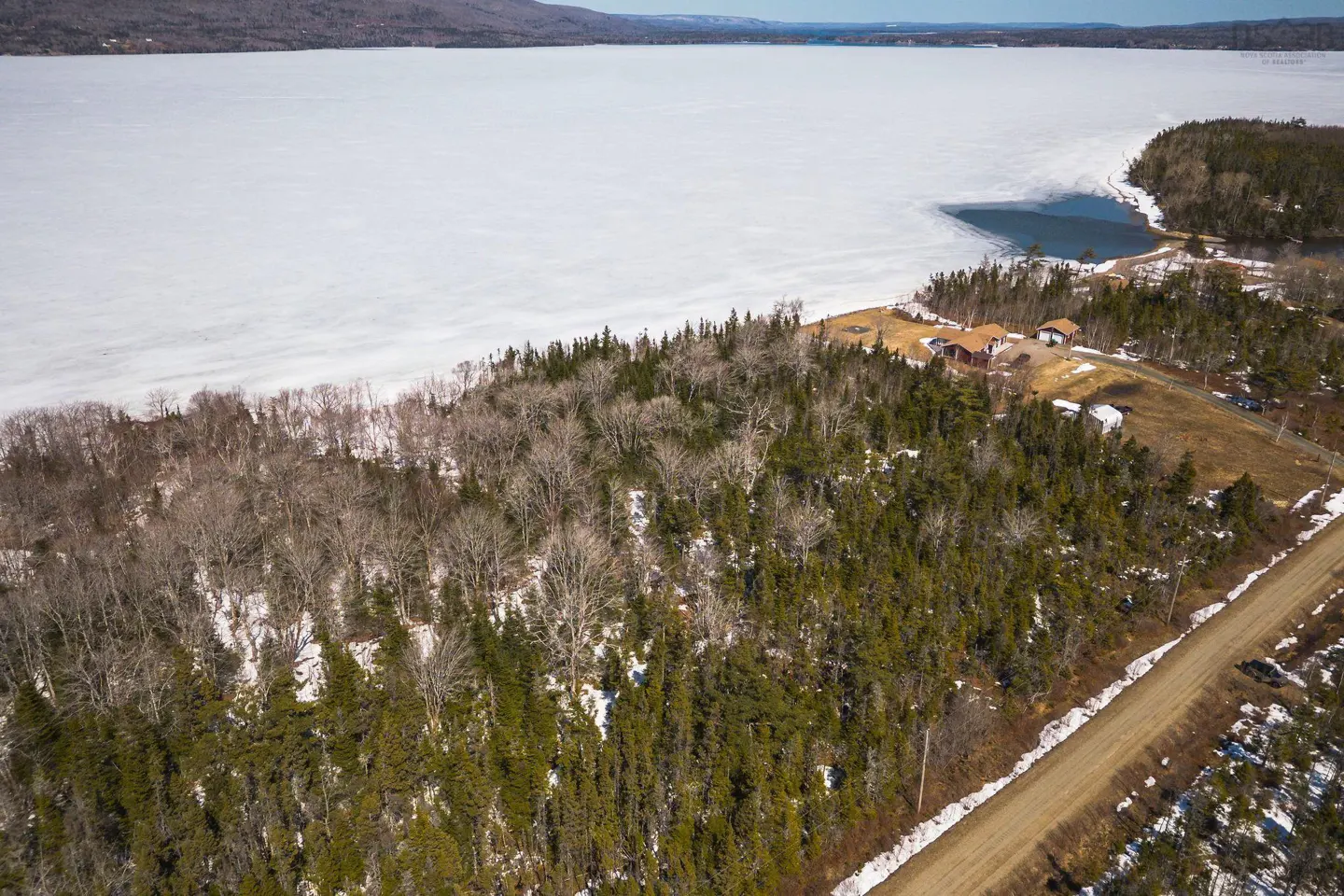 Aerial view of a frozen lake, green trees, and a house with a red roof. A dirt road runs along the edge of the trees.