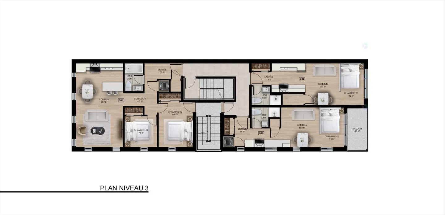 Floor plan of a level with bedrooms, bathrooms, living areas, and a central staircase. Text at the bottom reads "PLAN NIVEAU 3".