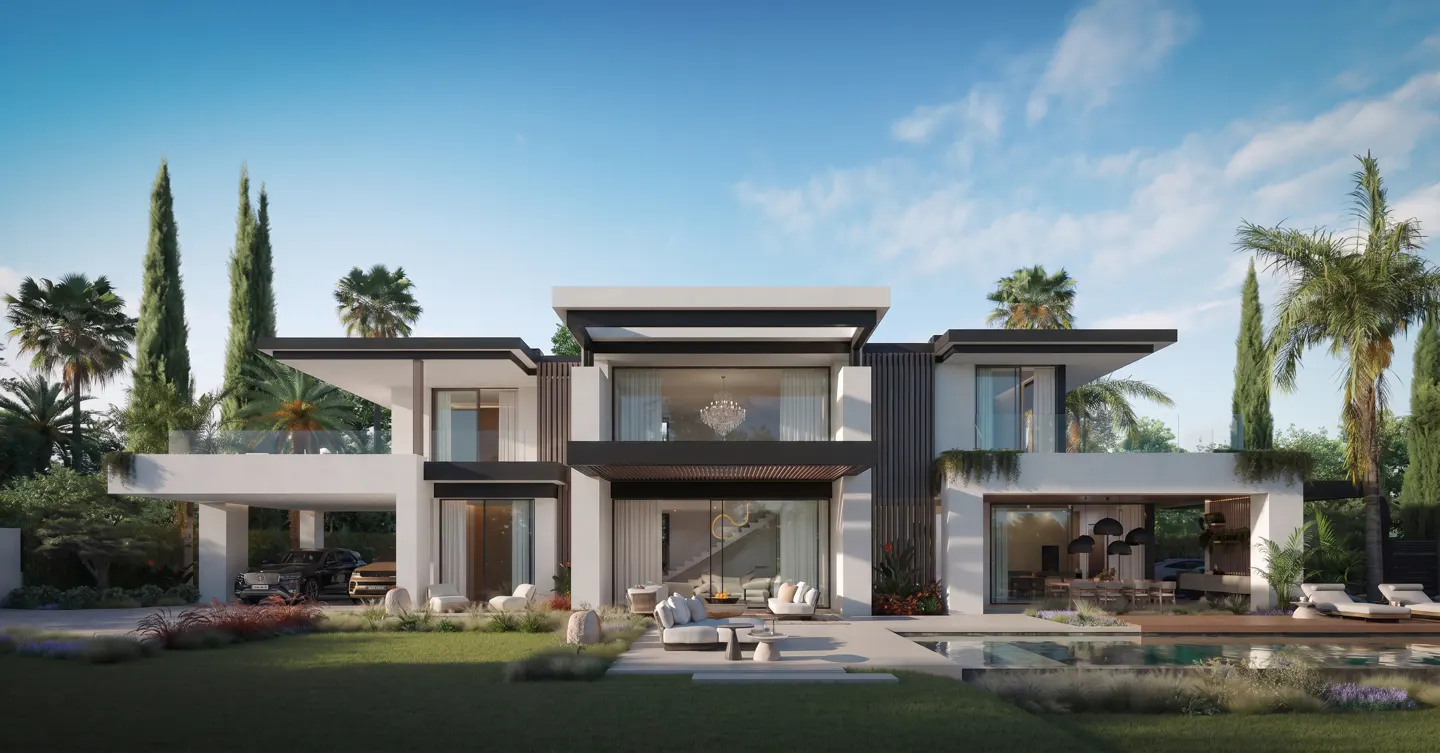 Modern two-story luxury villa with a pool, patio furniture, and palm trees under a clear blue sky.
