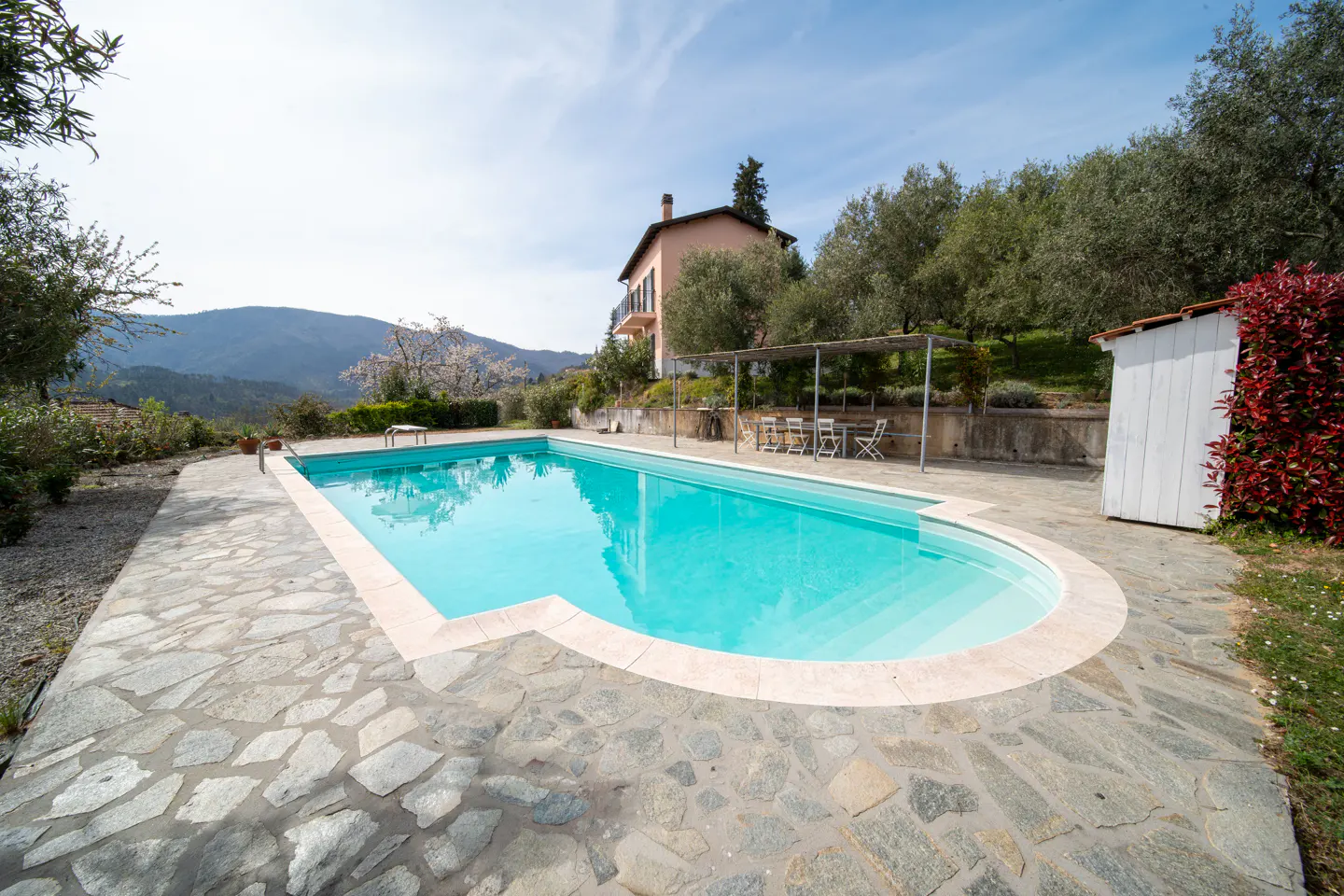 Outdoor pool with turquoise water, stone patio, and pink house in the background. Trees and mountains are visible.