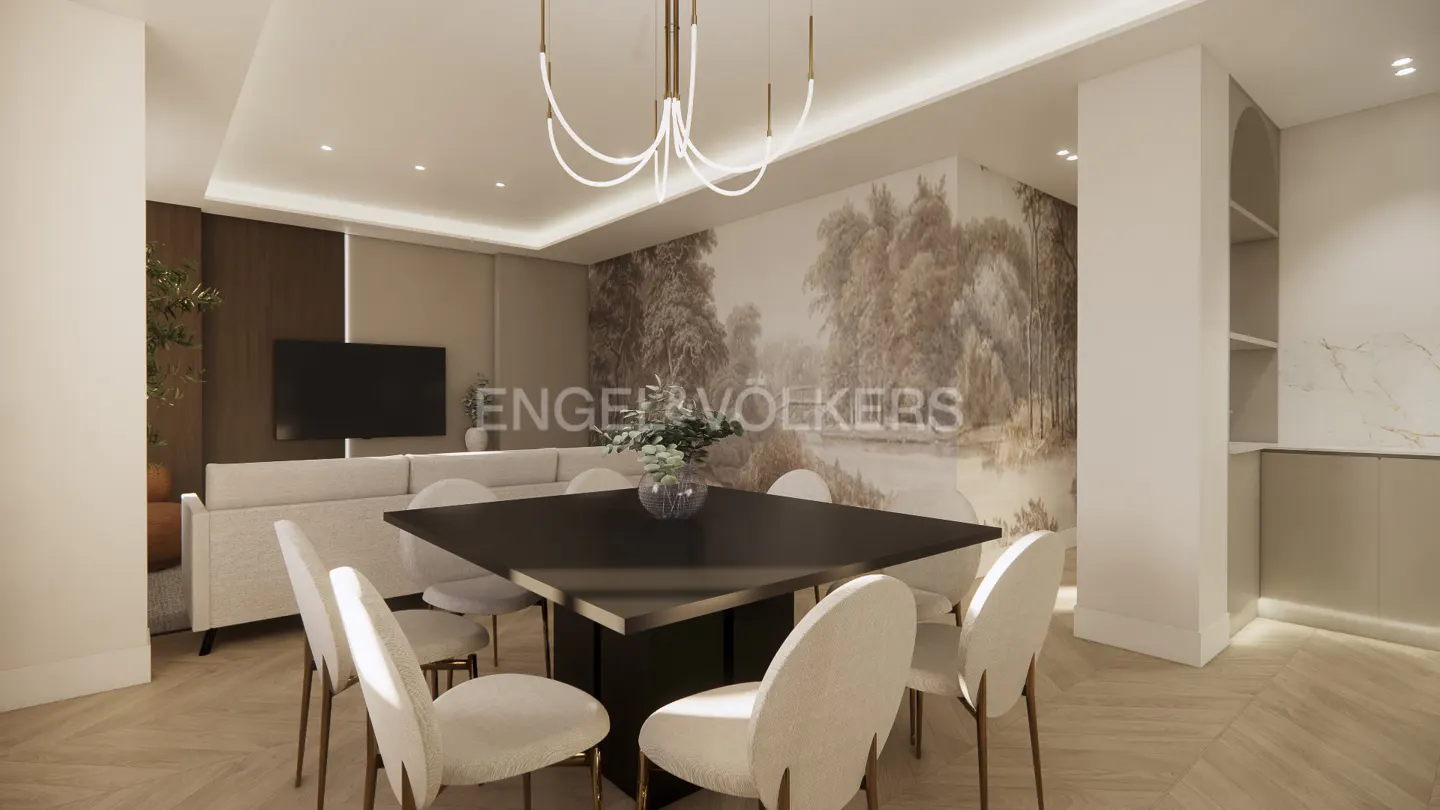 Modern dining area with a black square table, white chairs, a unique chandelier, and a scenic forest mural wall.