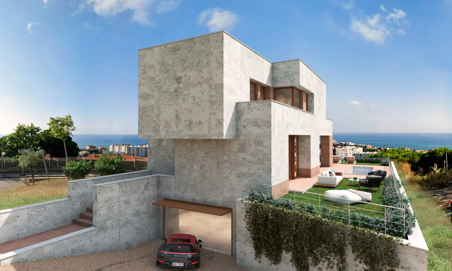 Modern concrete house with a rooftop pool and a red sports car parked in the garage. Ocean view in the background.