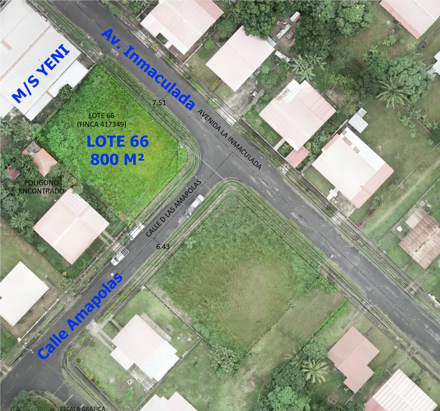 Aerial view of Lot 66, 800 sq meters, at the intersection of Avenida La Inmaculada and Calle Amapolas, surrounded by houses and greenery.