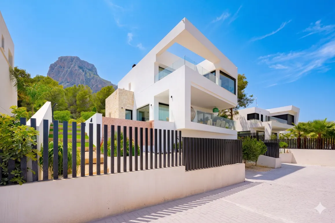 Modern white two-story house with a flat roof and glass railings, set against a blue sky and mountain backdrop.