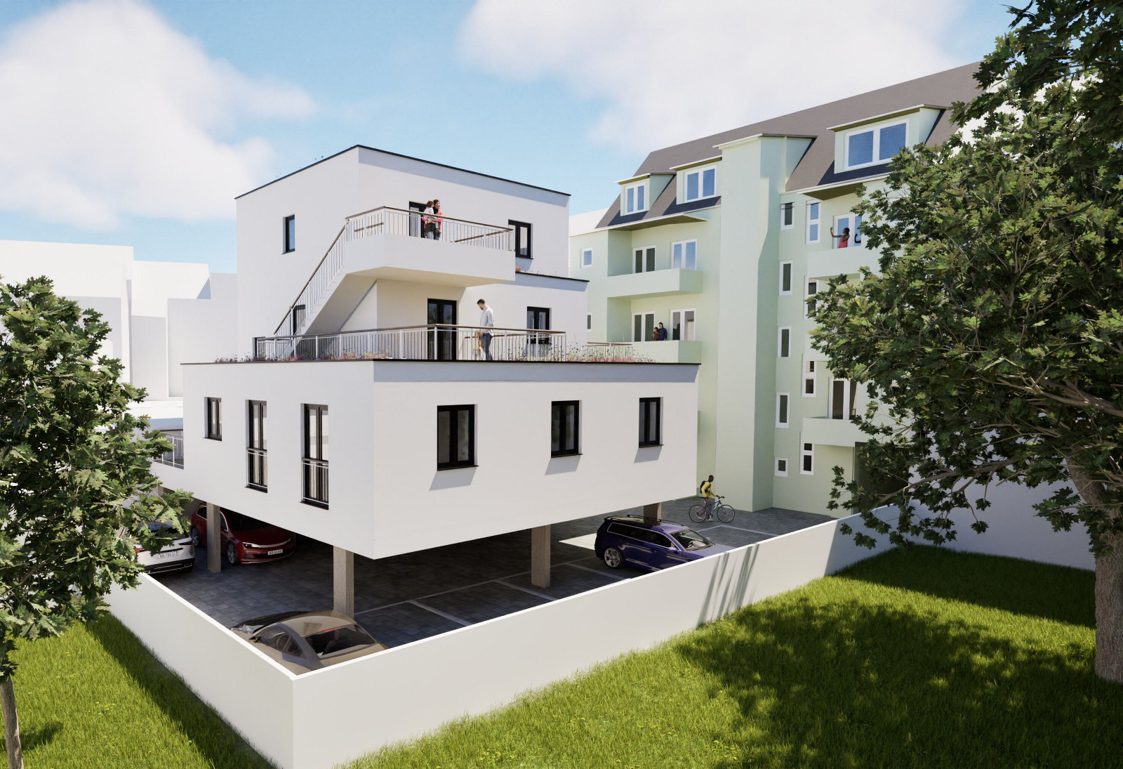 Modern new-build residential building in the courtyard with 3 units